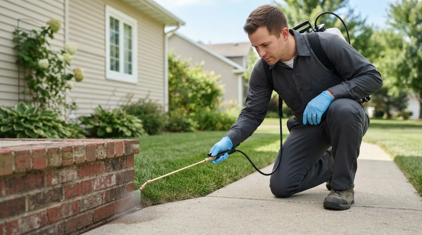 Pest control technician treating a home near Aristes, PA